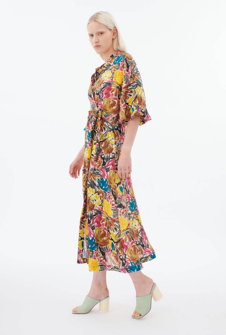 Odeeh Brush-Stroke Peonies Kleid, Tobacco Heißer Verkauf