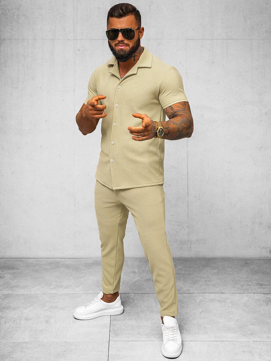 Ozonee Beige Herrenset – Hemd und Hose OZONEE O/Y963TSP Günstiger Verkauf