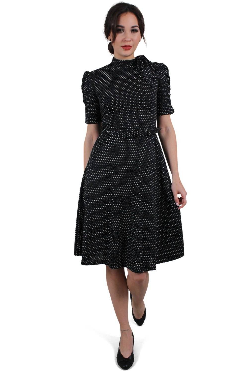 EMP "Posie Black Polka Dot Tie-neck Dress" Mittellanges Kleid schwarz von Voodoo Vixen Nur für heute
